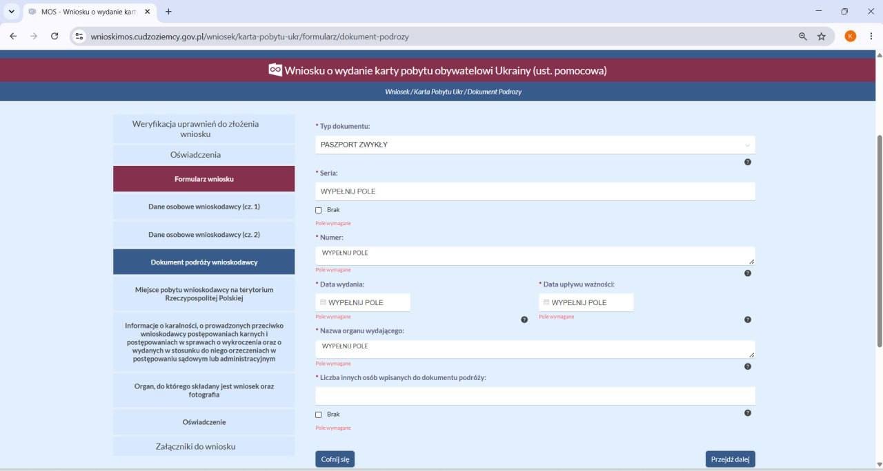 Dokument podróży: серія, номер, дати, орган видачі, кількість осіб